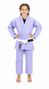 A young girl modeling a Vulkan light purple Brazilian Jiu-Jitsu gi with a white belt, standing against a plain white background.