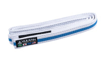 Close-up of Vulkan adult Jiu Jitsu belt in white with a blue stripe, crafted from 100% cotton