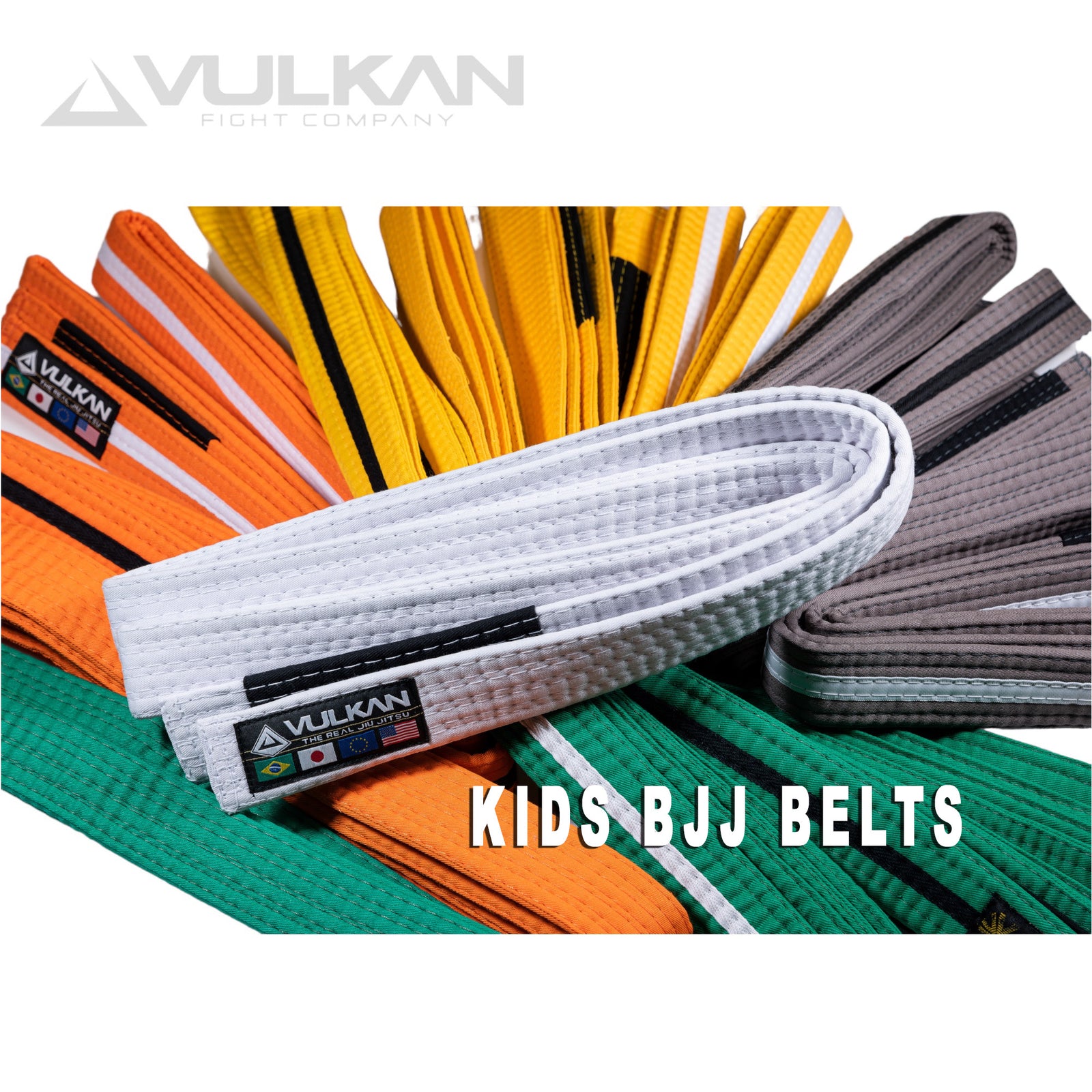 Vulkan kids and youth Jiu Jitsu belts in all standard BJJ colors, including striped and solid options, made in Brazil.