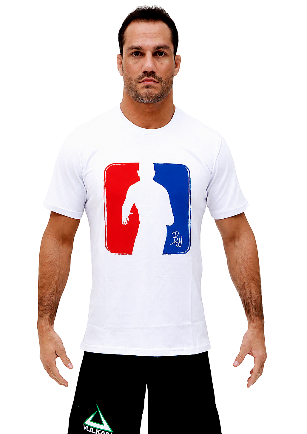 Man wearing a Vulkan brand white t-shirt with a unique logo design in red and blue color on a plain background