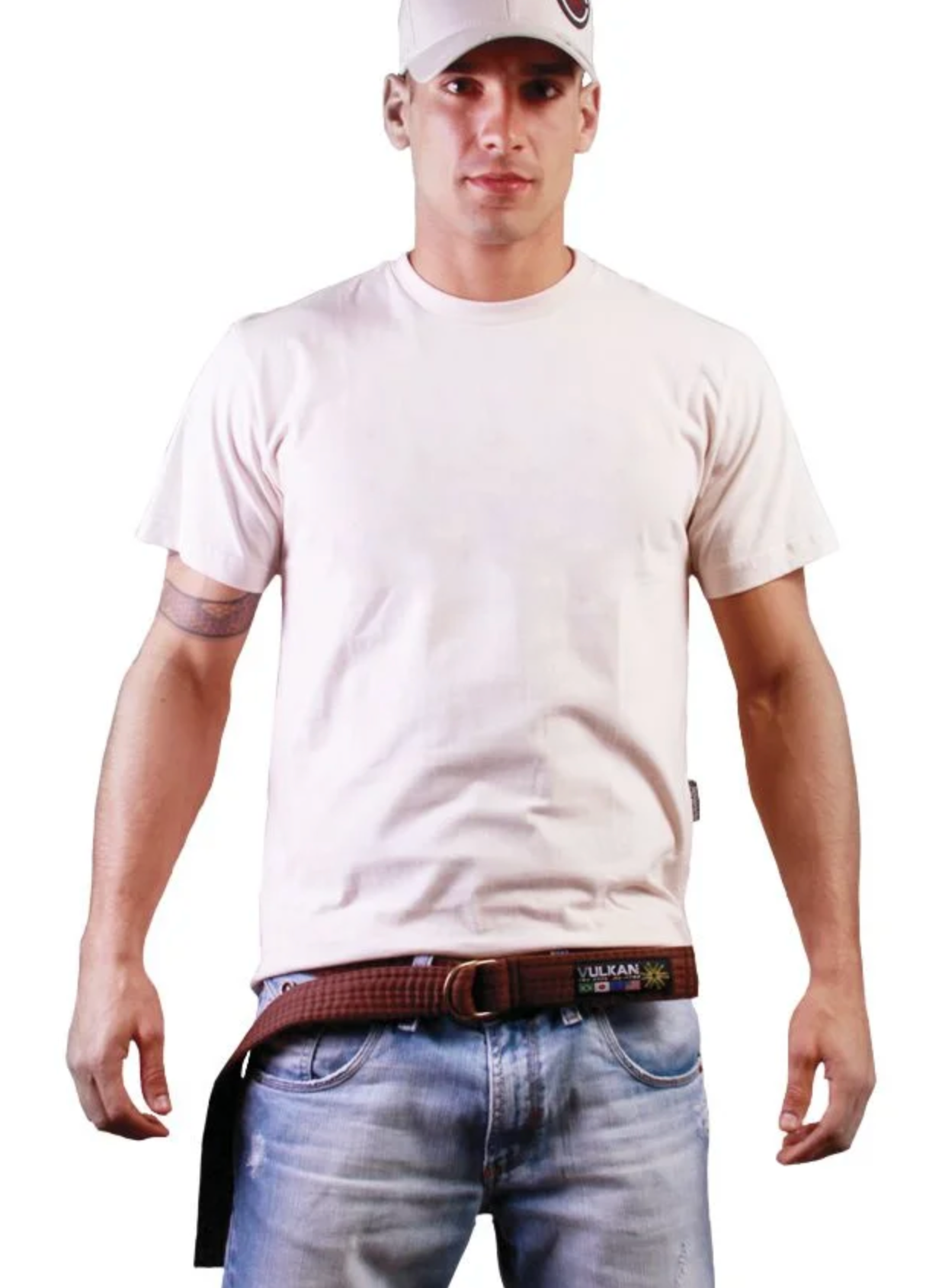 Man wearing a brown Vulkan Streetwear Belt, styled to reflect his Jiu Jitsu lifestyle.
