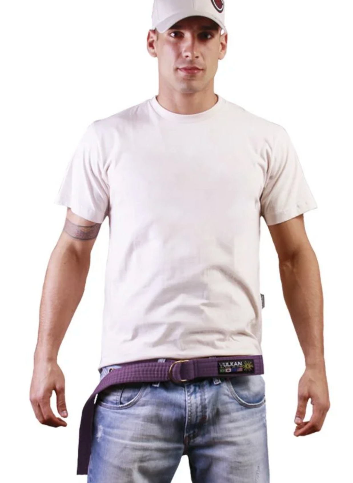 Man wearing a purple Vulkan Streetwear Belt, styled to reflect his Jiu Jitsu lifestyle.