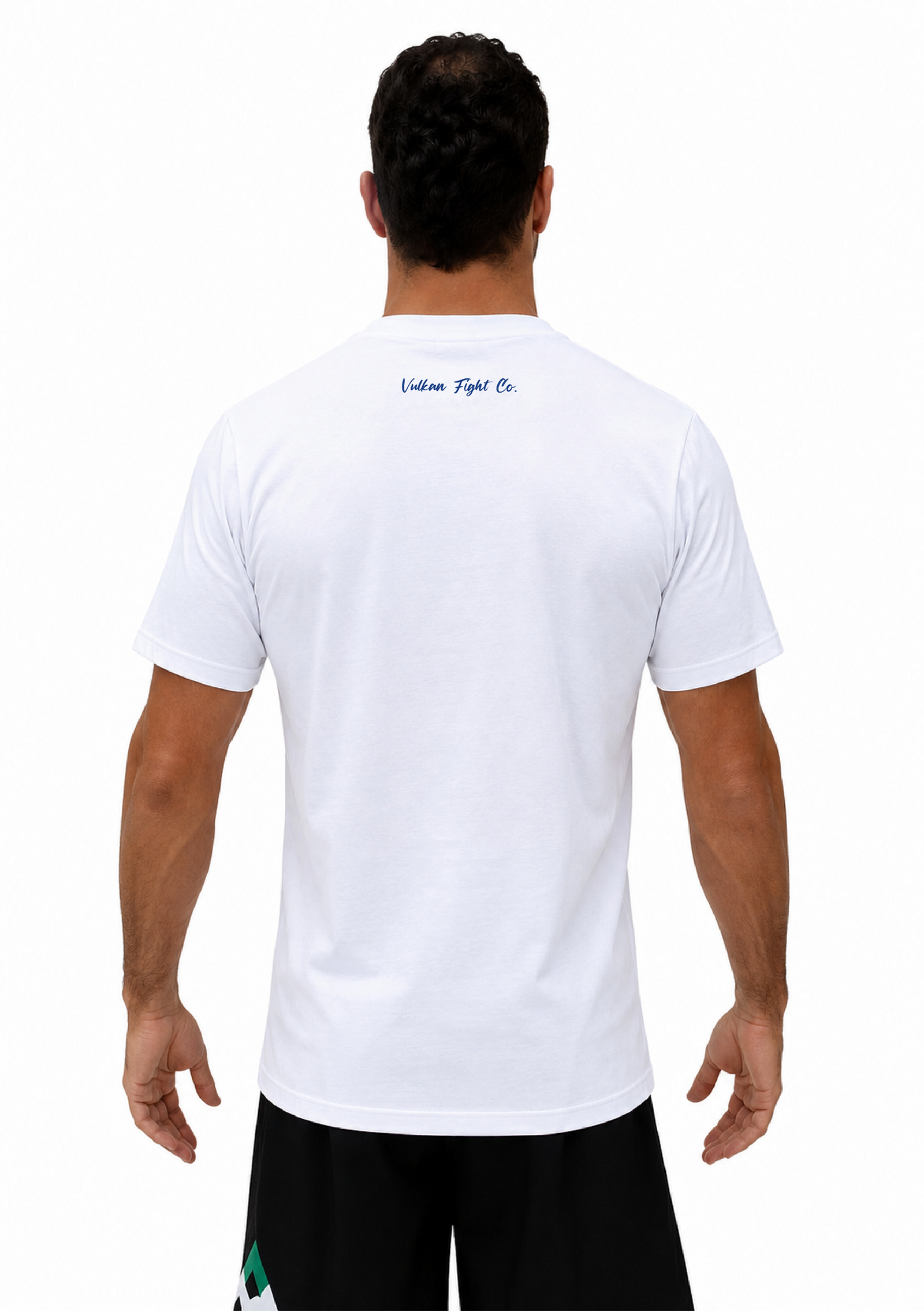 Man wearing a Vulkan brand white t-shirt with a unique logo design in red and blue color on a plain background