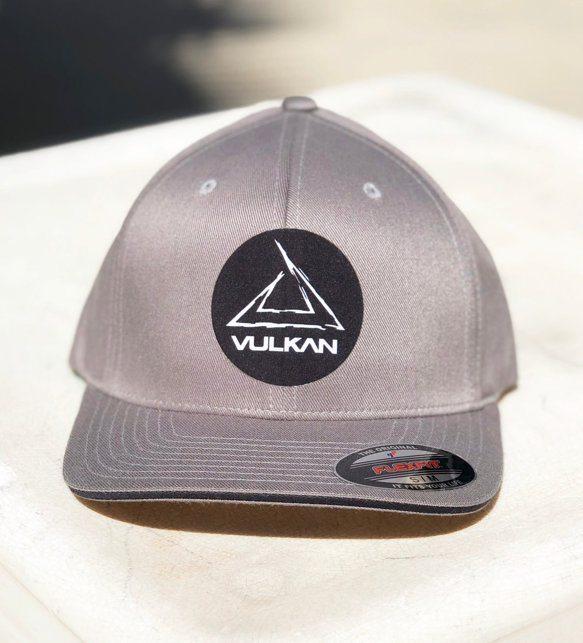 Vulkan Sketch Logo FlexFit Baseball Hat - GREY/WHITE