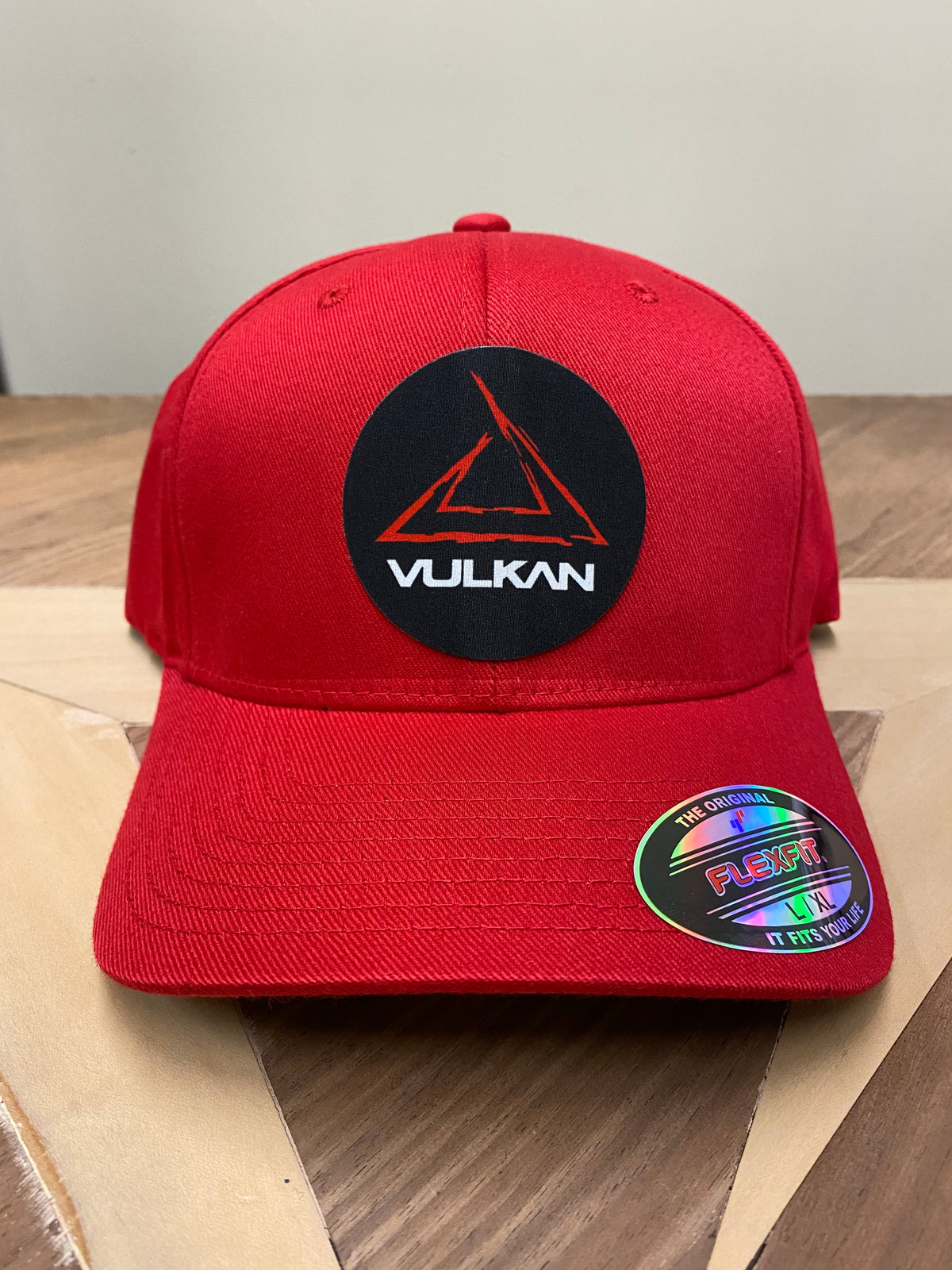 Vulkan Sketch Logo FlexFit Baseball Hat - RED/RED